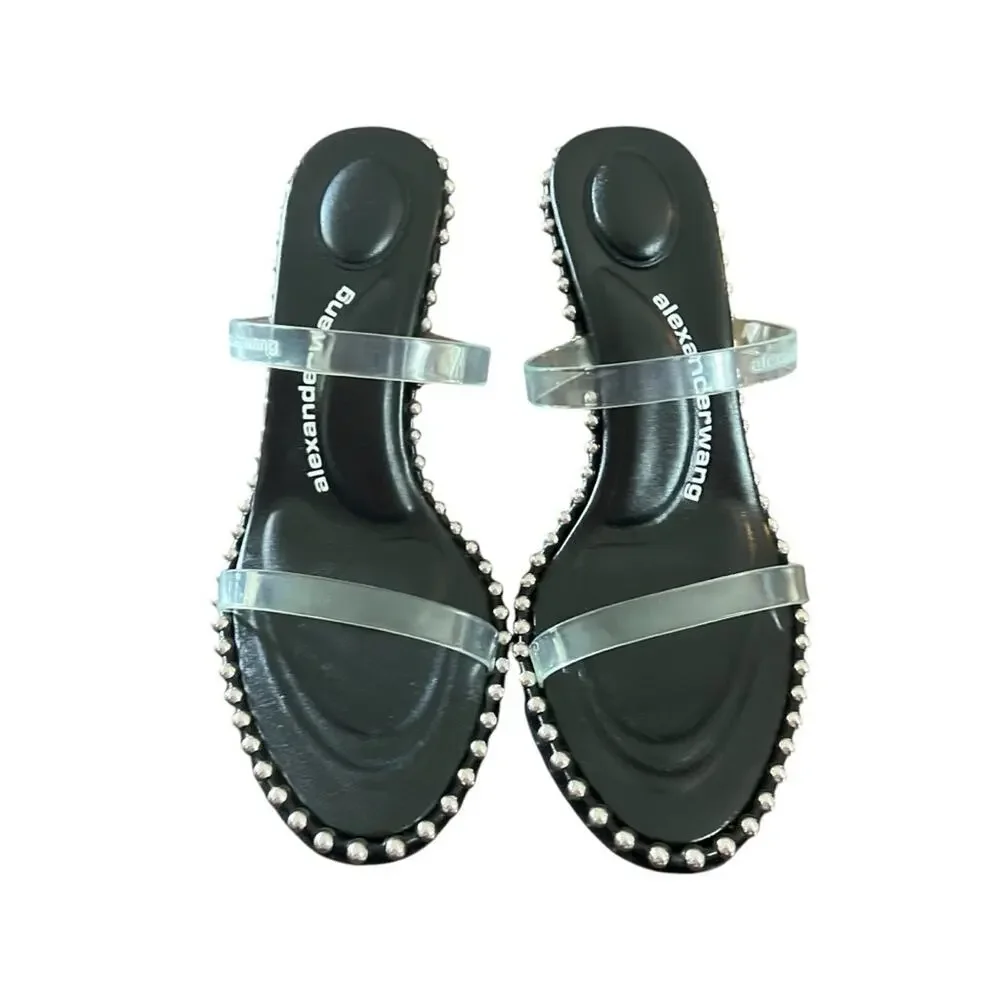 Alexander Wang Nova Slide Sandal Clear Strap Silver Beaded EU 37.5 US 7.NEW